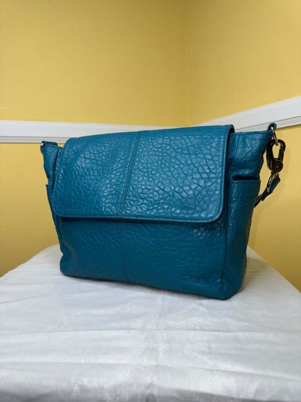 Jewell Teal Blue Leather Flap Messenger Crossbody Bag